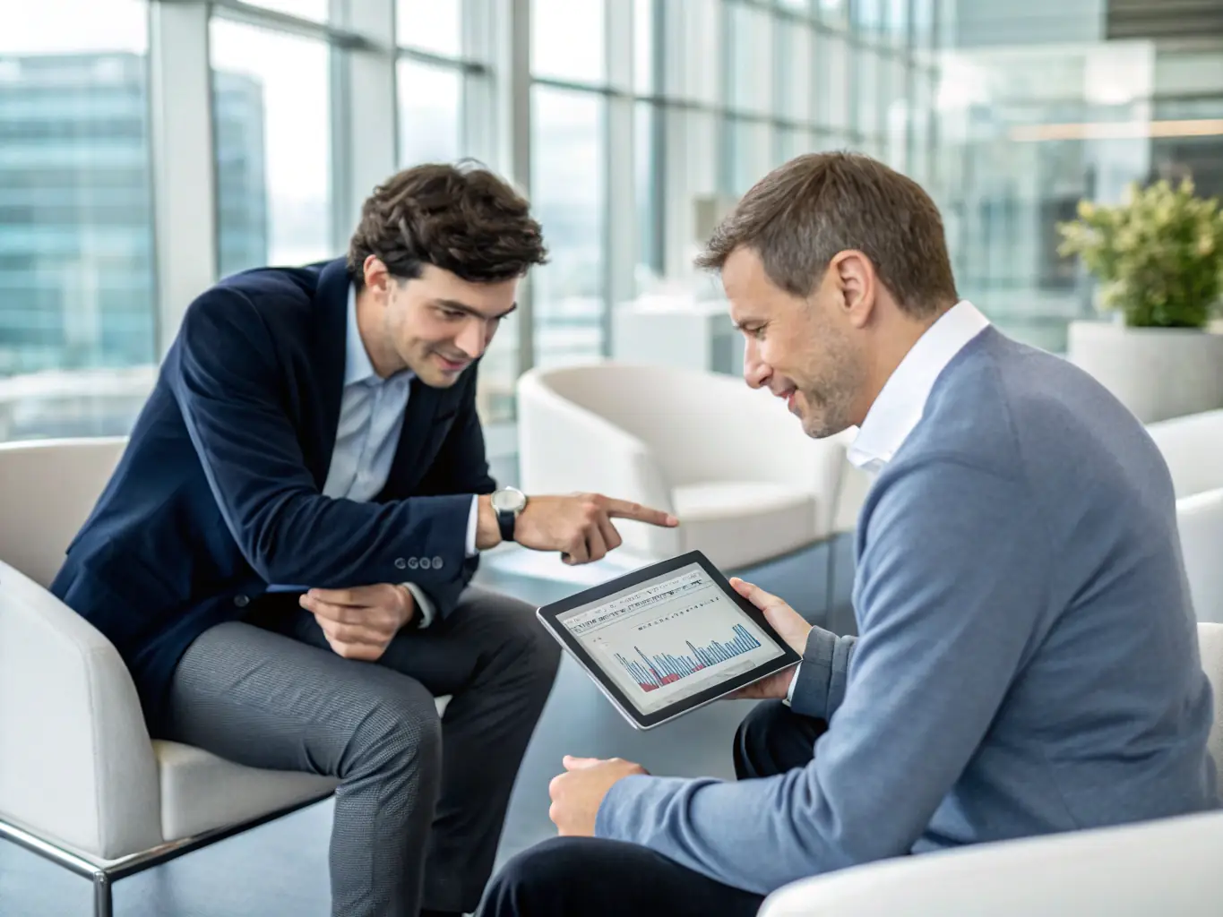 An image of a consultant reviewing documents with a client, both smiling and appearing confident, representing the personalized support offered by Colmax Solutions.