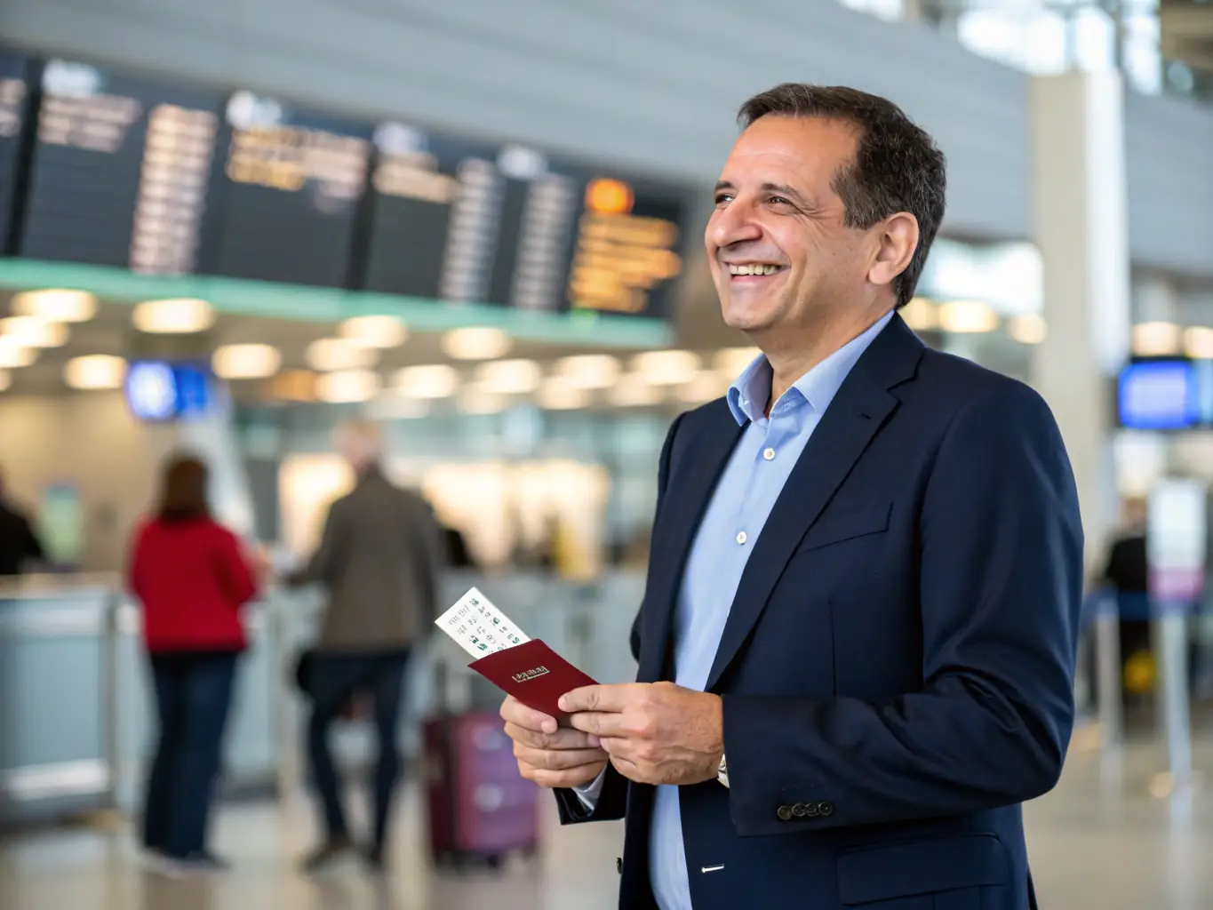 A professional business person is smiling confidently while holding a passport and boarding pass, set against a backdrop of an airport terminal with blurred figures moving in the background. The scene conveys a sense of ease and readiness for international travel.