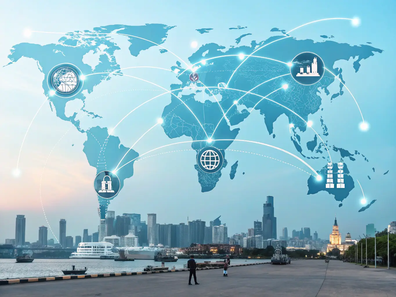 A digital illustration of a world map with interconnected nodes, highlighting the global reach and benefits of operating within a Free Zone.