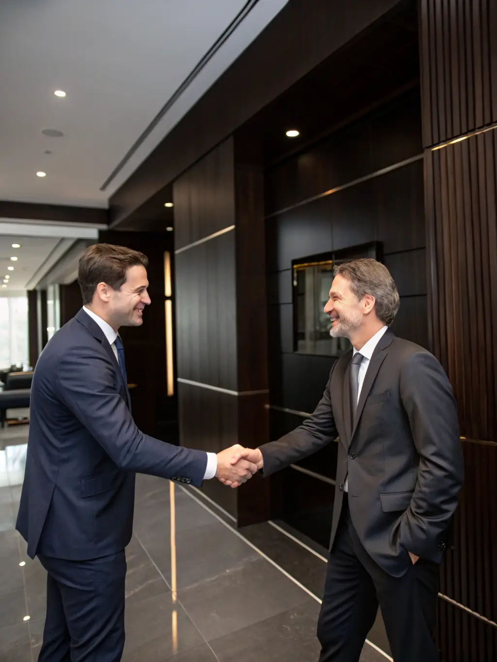 A professional businessman shaking hands with a client in a modern office setting, symbolizing end-to-end support provided by Colmax Solutions.