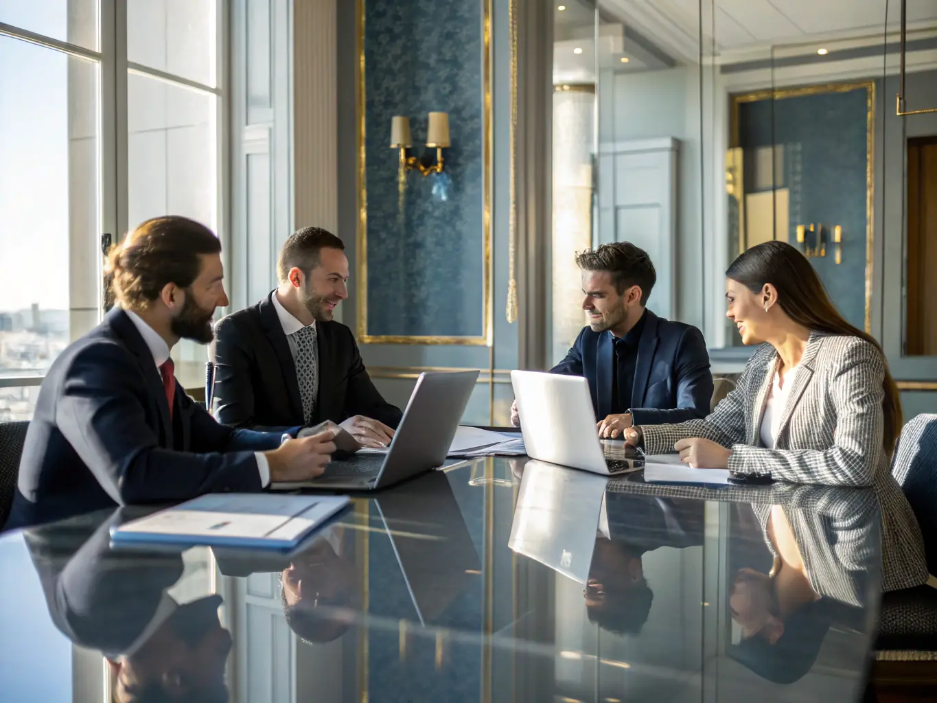 A diverse group of people collaborating on real estate investment plans in a modern office setting.