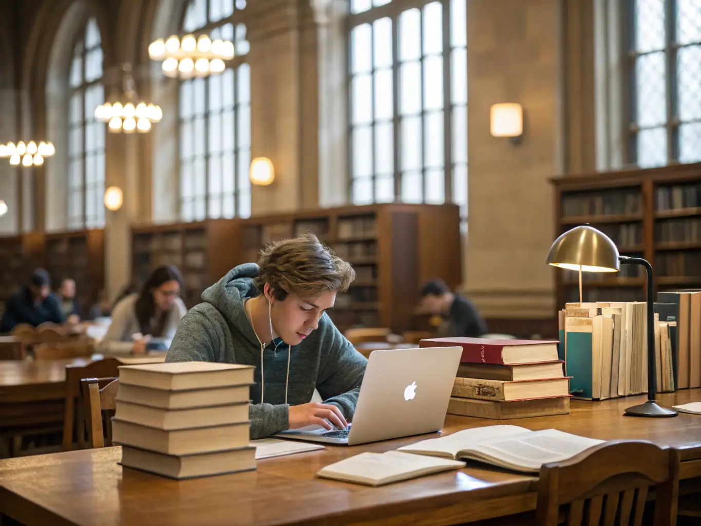 A student is studying with a laptop in a modern library, surrounded by books and other students. The atmosphere is bright and conducive to learning, representing the opportunities available through educational visas.